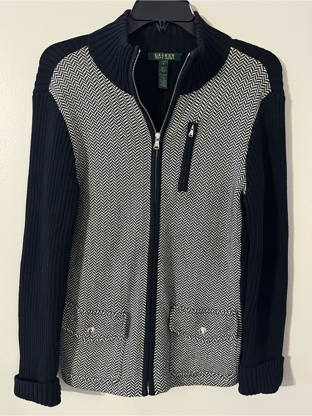 Lauren Ralph Lauren Black White Herringbone Full Zip Sweater Jacket M